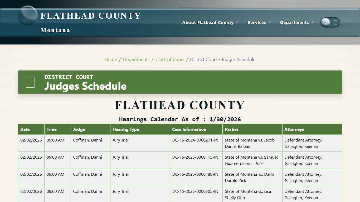 District Court - Judges Schedule :: Flathead County